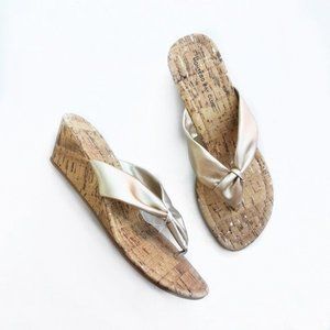 Gold cork low wedge slip on heel sandals flip flops 8